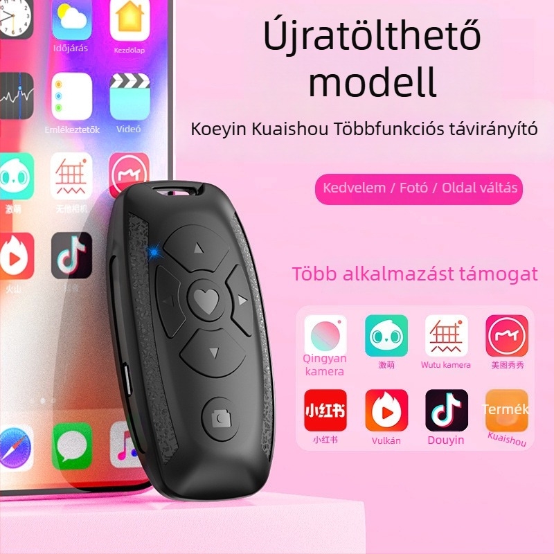 S86 Bluetooth Selfie távirányító okostelefonhoz, modell S86, Bluetooth 4.0, újratölthető polimer akkumulátor, műanyag ház, tömeg 40 g