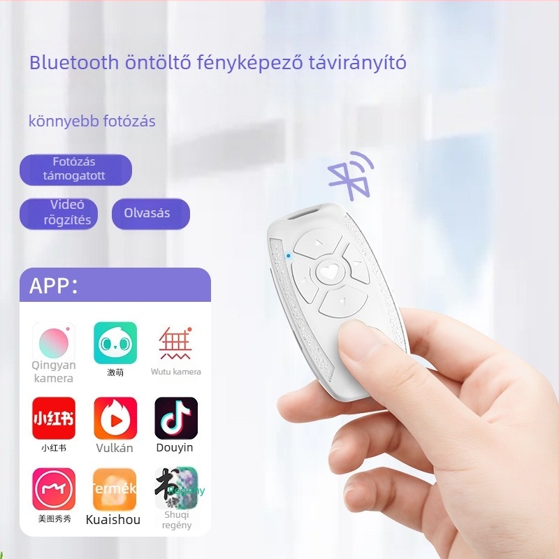 S86 Bluetooth Selfie távirányító okostelefonhoz, modell S86, Bluetooth 4.0, újratölthető polimer akkumulátor, műanyag ház, tömeg 40 g