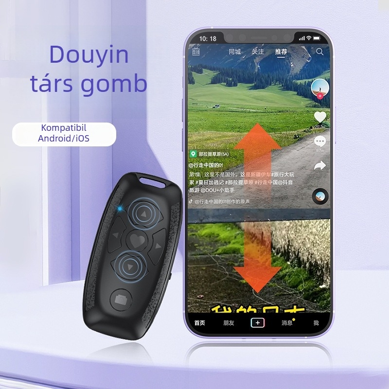 S86 Bluetooth Selfie távirányító okostelefonhoz, modell S86, Bluetooth 4.0, újratölthető polimer akkumulátor, műanyag ház, tömeg 40 g