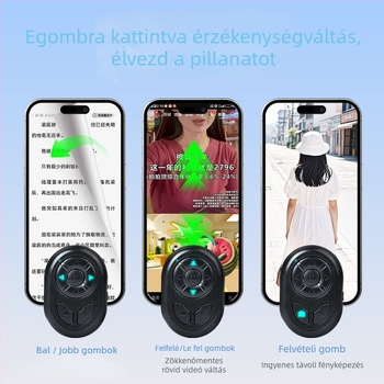 Mobiltelefonos távirányító Bluetooth 4.0-val, selfie-funkcióval, 7 gomb, modell CH-7JYQDC-H, ABS tokozás, tömeg 14 g