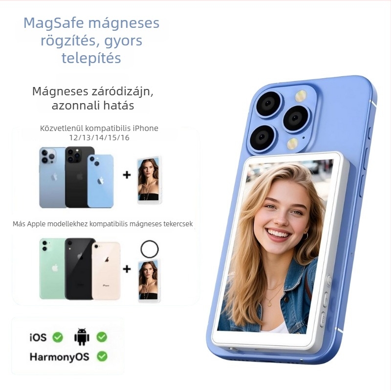 Hordozható selfie projektor telefonhoz – Bluetooth selfie eszköz hátsó mágneses monitor megjelenítéssel – HD közvetítés és felosztott képernyő, modell K2, Bluetooth 2.0, ABS, 110 g, iOS és Android kompatibil