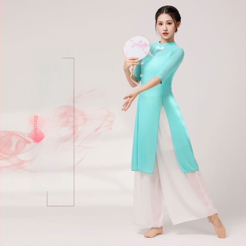 Háromrészes klasszikus táncruha: középhosszú Cheongsam Ao Dai szett, népi stílus, 70%-os spandex anyag