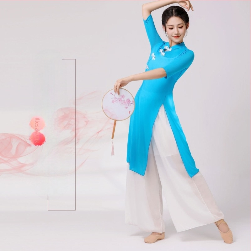Háromrészes klasszikus táncruha: középhosszú Cheongsam Ao Dai szett, népi stílus, 70%-os spandex anyag