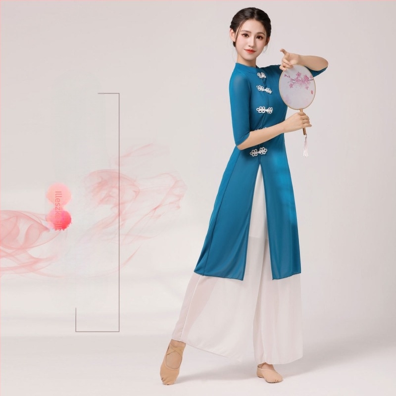 Háromrészes klasszikus táncruha: középhosszú Cheongsam Ao Dai szett, népi stílus, 70%-os spandex anyag