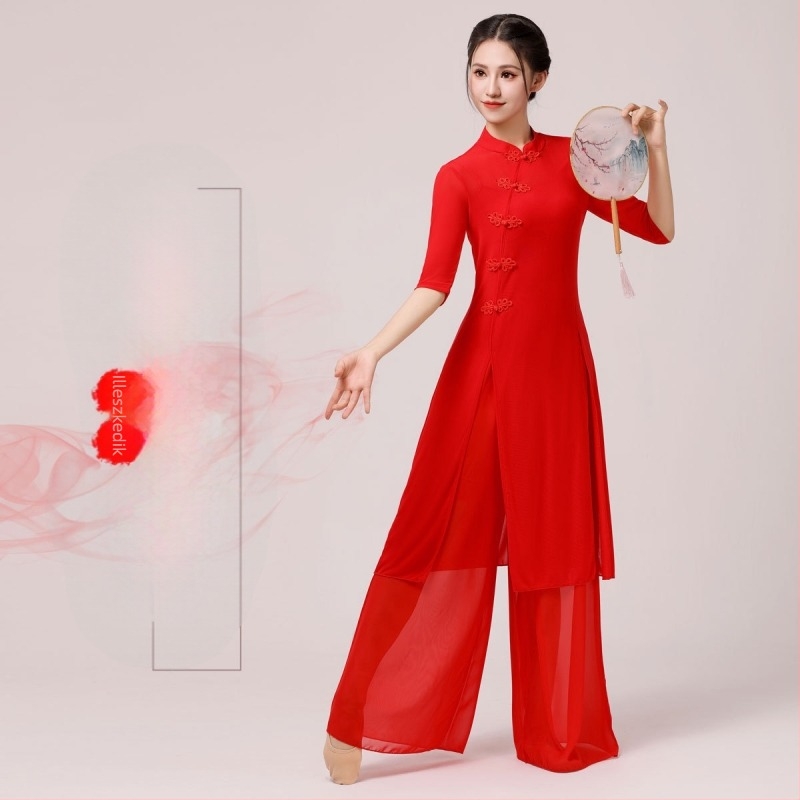 Háromrészes klasszikus táncruha: középhosszú Cheongsam Ao Dai szett, népi stílus, 70%-os spandex anyag