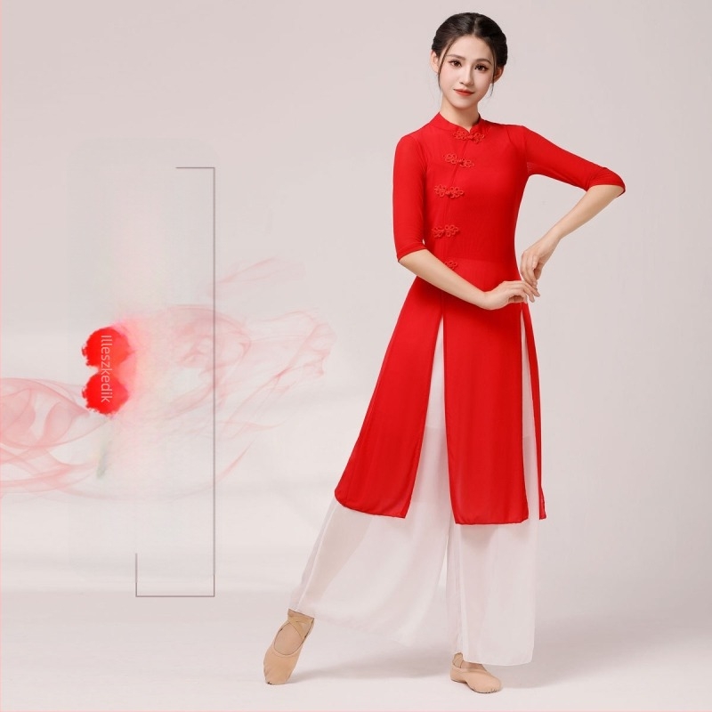 Háromrészes klasszikus táncruha: középhosszú Cheongsam Ao Dai szett, népi stílus, 70%-os spandex anyag