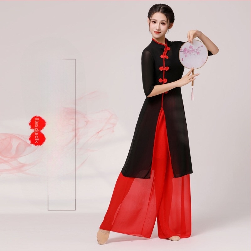 Háromrészes klasszikus táncruha: középhosszú Cheongsam Ao Dai szett, népi stílus, 70%-os spandex anyag