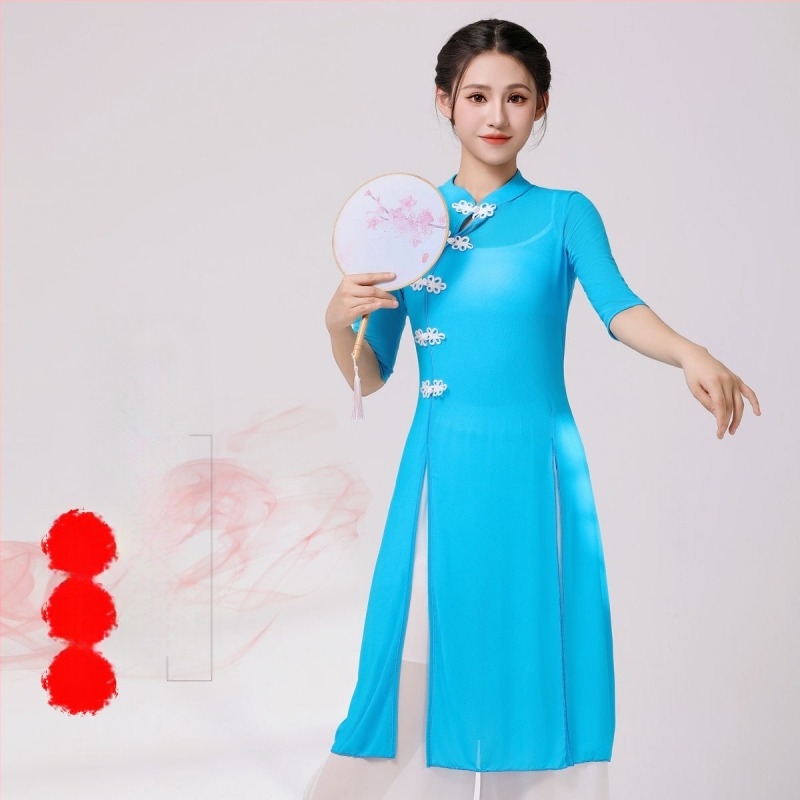 Háromrészes klasszikus táncruha: középhosszú Cheongsam Ao Dai szett, népi stílus, 70%-os spandex anyag
