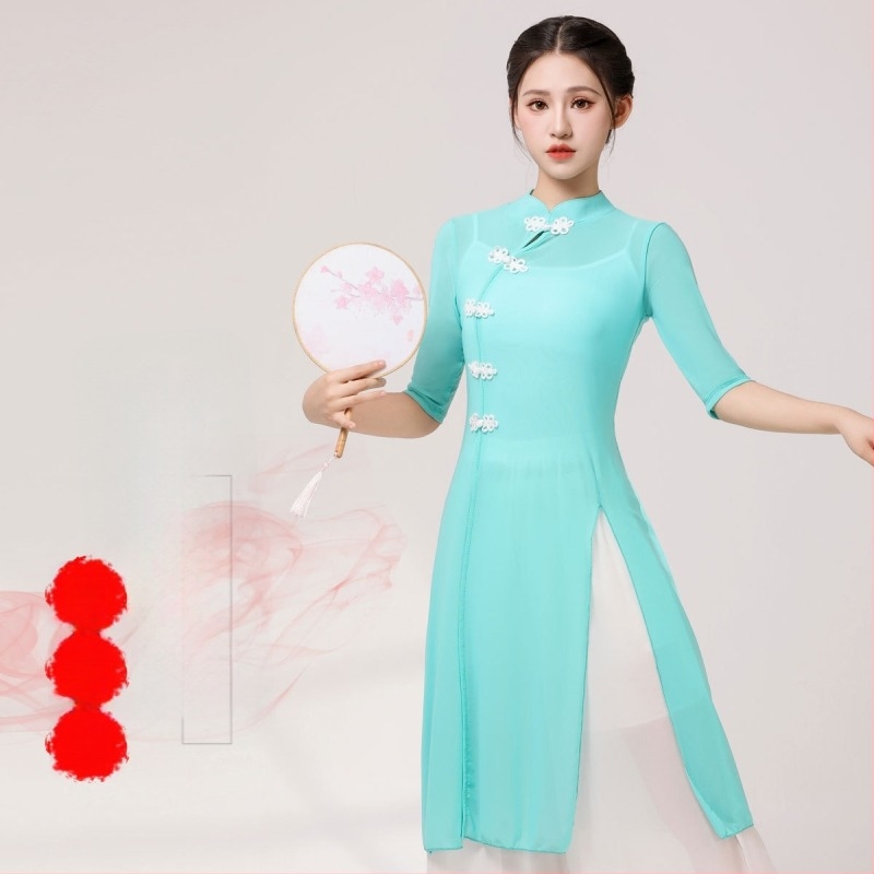 Háromrészes klasszikus táncruha: középhosszú Cheongsam Ao Dai szett, népi stílus, 70%-os spandex anyag