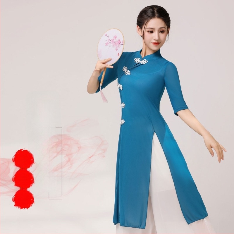 Háromrészes klasszikus táncruha: középhosszú Cheongsam Ao Dai szett, népi stílus, 70%-os spandex anyag