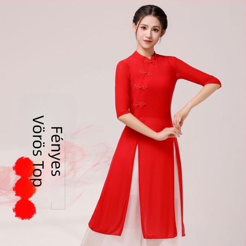 Háromrészes klasszikus táncruha: középhosszú Cheongsam Ao Dai szett, népi stílus, 70%-os spandex anyag