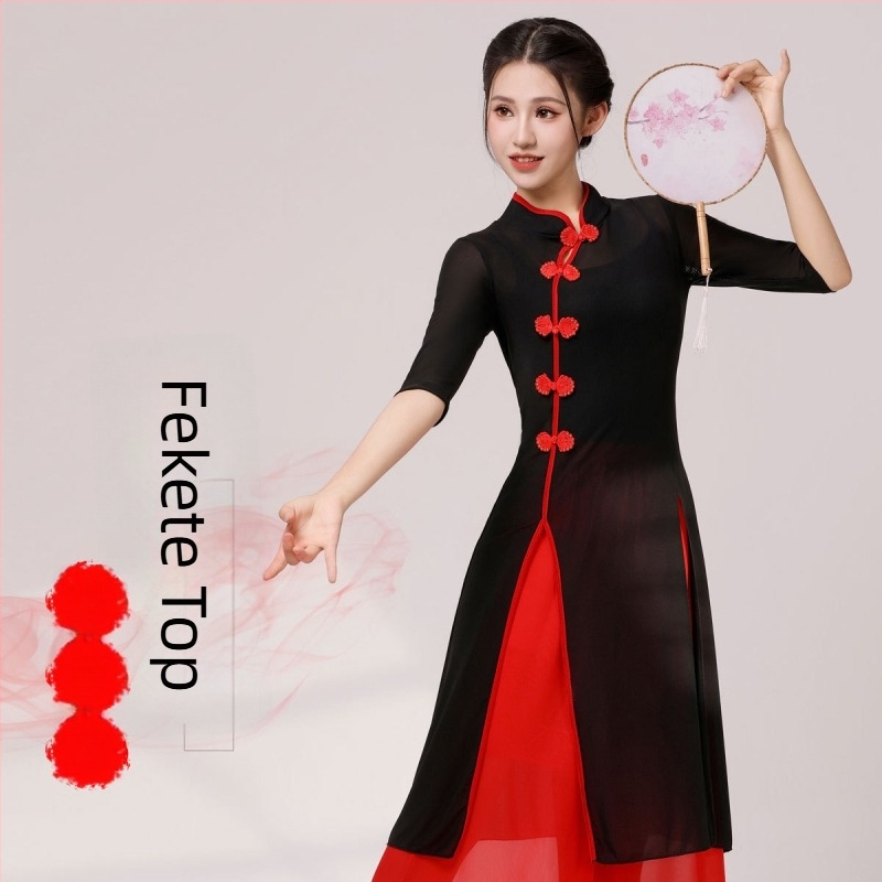 Háromrészes klasszikus táncruha: középhosszú Cheongsam Ao Dai szett, népi stílus, 70%-os spandex anyag