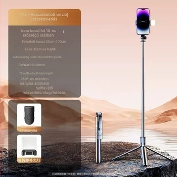 Telefonos selfie állvány anti-shake stabilizációval, 360° forgással, távirányítóval, segédfénnyel és Bluetooth-szal