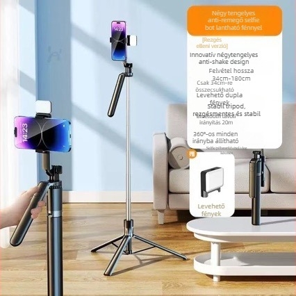 Telefonos selfie állvány anti-shake stabilizációval, 360° forgással, távirányítóval, segédfénnyel és Bluetooth-szal