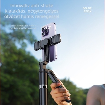 Telefonos selfie állvány anti-shake stabilizációval, 360° forgással, távirányítóval, segédfénnyel és Bluetooth-szal