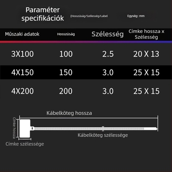 Címkéző kábelkötegek PA66 anyagból, Jiutai márka; 100 darabos csomag címkével és tollal; Eredet: Wenzhou, Zhejiang, Kína.