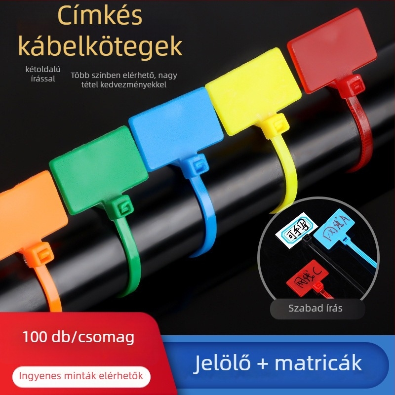 Címkéző kábelkötegek PA66 anyagból, Jiutai márka; 100 darabos csomag címkével és tollal; Eredet: Wenzhou, Zhejiang, Kína.