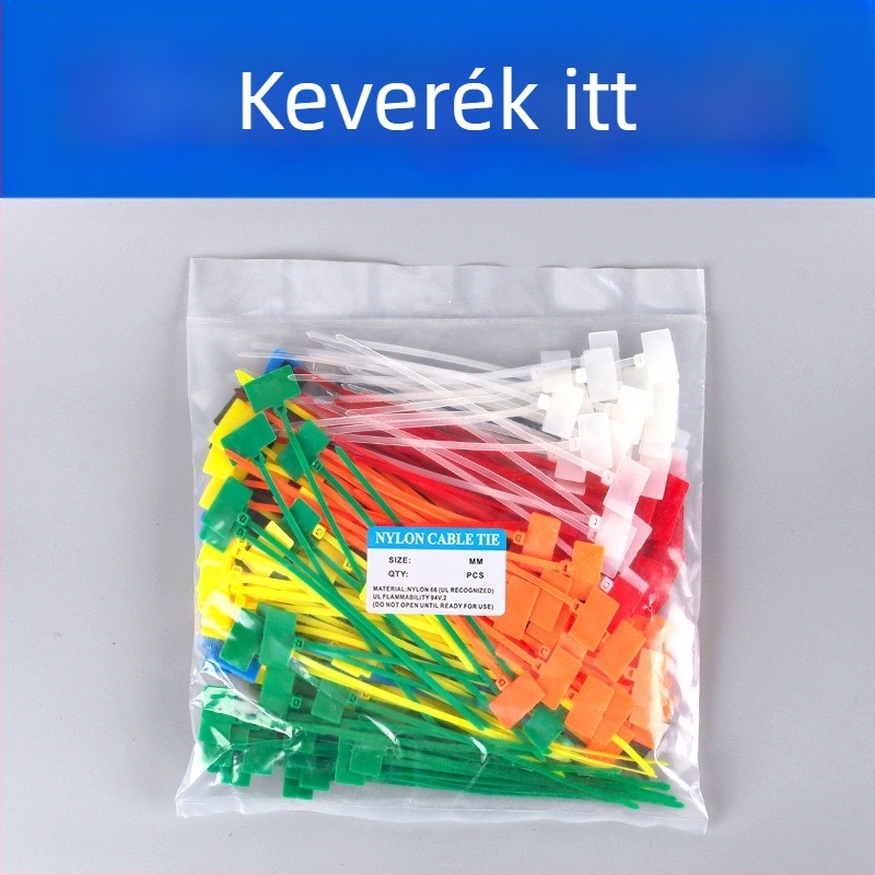 Címkéző kábelkötegek PA66 anyagból, Jiutai márka; 100 darabos csomag címkével és tollal; Eredet: Wenzhou, Zhejiang, Kína.