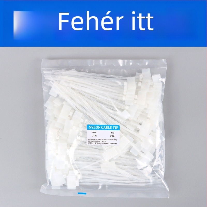 Címkéző kábelkötegek PA66 anyagból, Jiutai márka; 100 darabos csomag címkével és tollal; Eredet: Wenzhou, Zhejiang, Kína.