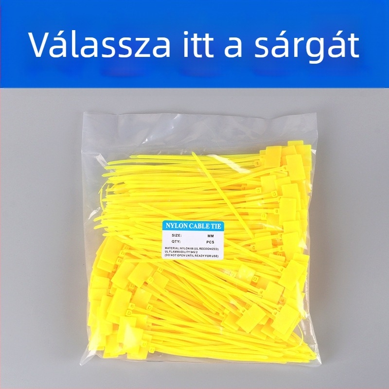 Címkéző kábelkötegek PA66 anyagból, Jiutai márka; 100 darabos csomag címkével és tollal; Eredet: Wenzhou, Zhejiang, Kína.