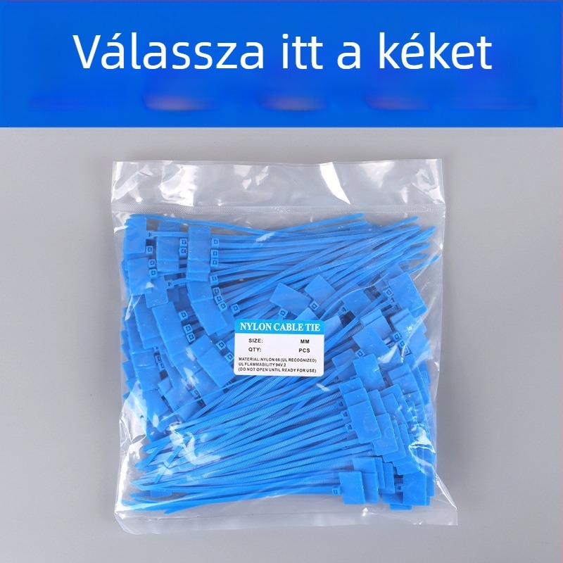 Címkéző kábelkötegek PA66 anyagból, Jiutai márka; 100 darabos csomag címkével és tollal; Eredet: Wenzhou, Zhejiang, Kína.