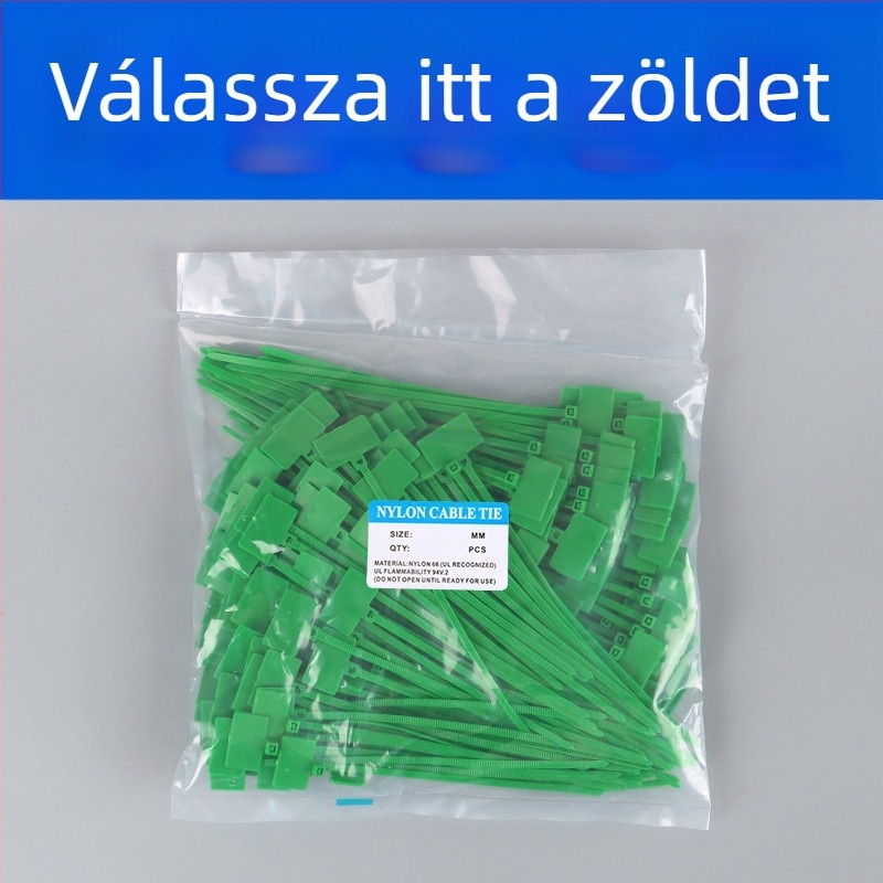 Címkéző kábelkötegek PA66 anyagból, Jiutai márka; 100 darabos csomag címkével és tollal; Eredet: Wenzhou, Zhejiang, Kína.