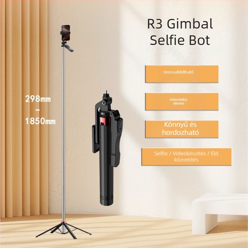 Selfie Stick Négylábú Tripoddal Kültéri Élő Közvetítéshez, LED Világítás, Kinyitható, Bluetooth Távirányító, Rezgésállóság