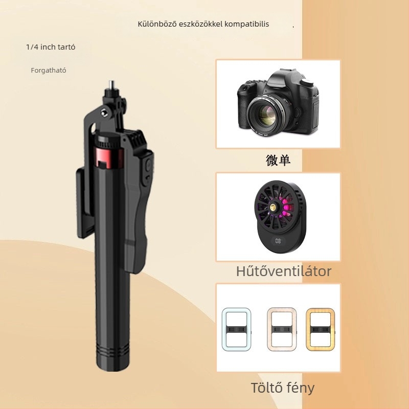 Selfie Stick Négylábú Tripoddal Kültéri Élő Közvetítéshez, LED Világítás, Kinyitható, Bluetooth Távirányító, Rezgésállóság