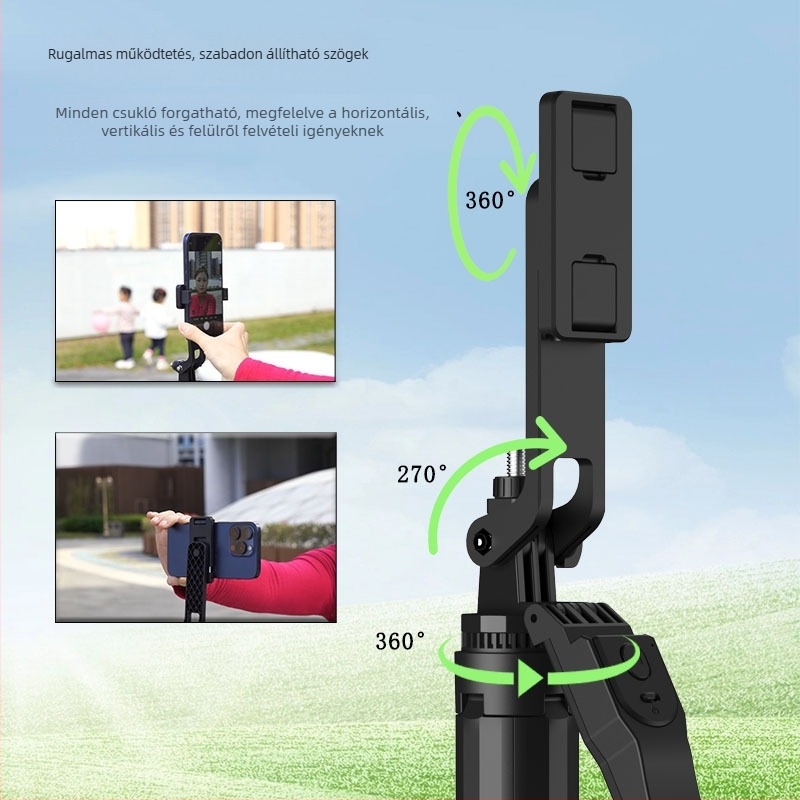 Selfie Stick Négylábú Tripoddal Kültéri Élő Közvetítéshez, LED Világítás, Kinyitható, Bluetooth Távirányító, Rezgésállóság