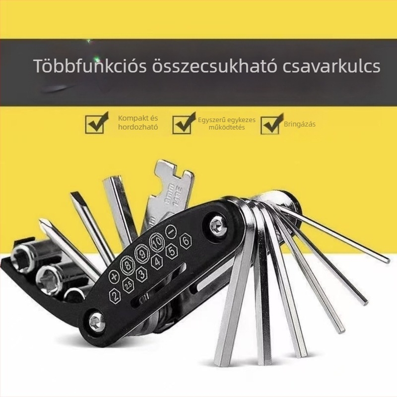 Kerékpár javító eszköz 16-az-1 hex kulcs, összecsukható, rozsdamentes acél, többfunkciós eszköz