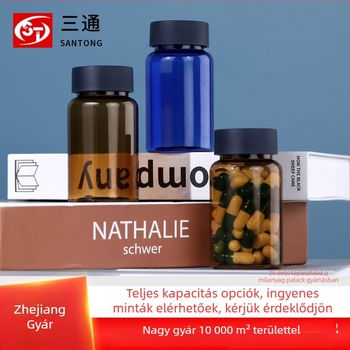 Széles szájú PET tablettás üveg csavaros kupakkal, átlátszó műanyag palack, fúvott formázással készült, logóval testre szabható