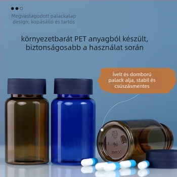Széles szájú PET tablettás üveg csavaros kupakkal, átlátszó műanyag palack, fúvott formázással készült, logóval testre szabható