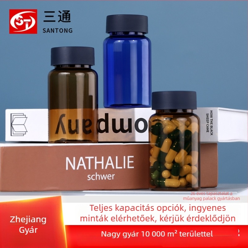 Széles szájú PET tablettás üveg csavaros kupakkal, átlátszó műanyag palack, fúvott formázással készült, logóval testre szabható