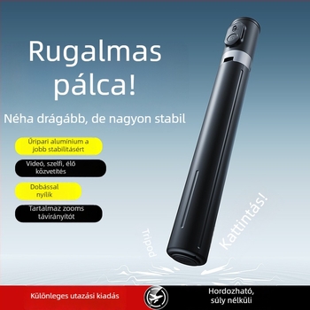 Bluetoothos telefonos szelfi bot távirányítóval, alumínium ötvözetből készült, kihúzható tripod, anti‑rezgéses telefon tartó