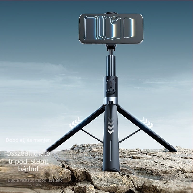 Bluetoothos telefonos szelfi bot távirányítóval, alumínium ötvözetből készült, kihúzható tripod, anti‑rezgéses telefon tartó