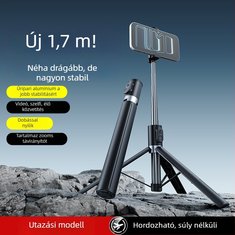 Bluetoothos telefonos szelfi bot távirányítóval, alumínium ötvözetből készült, kihúzható tripod, anti‑rezgéses telefon tartó