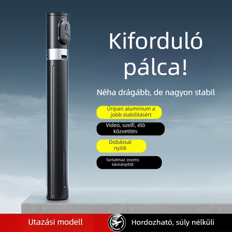 Bluetoothos telefonos szelfi bot távirányítóval, alumínium ötvözetből készült, kihúzható tripod, anti‑rezgéses telefon tartó