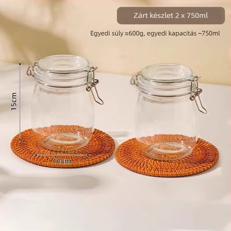 Üveg zárható pohár, kerek forma, 501-800 ml kapacitás, mikrohullámú sütőben használható, modern minimalista stílus