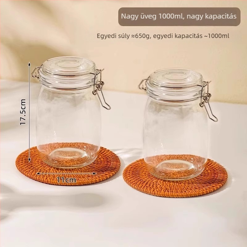 Üveg zárható pohár, kerek forma, 501-800 ml kapacitás, mikrohullámú sütőben használható, modern minimalista stílus