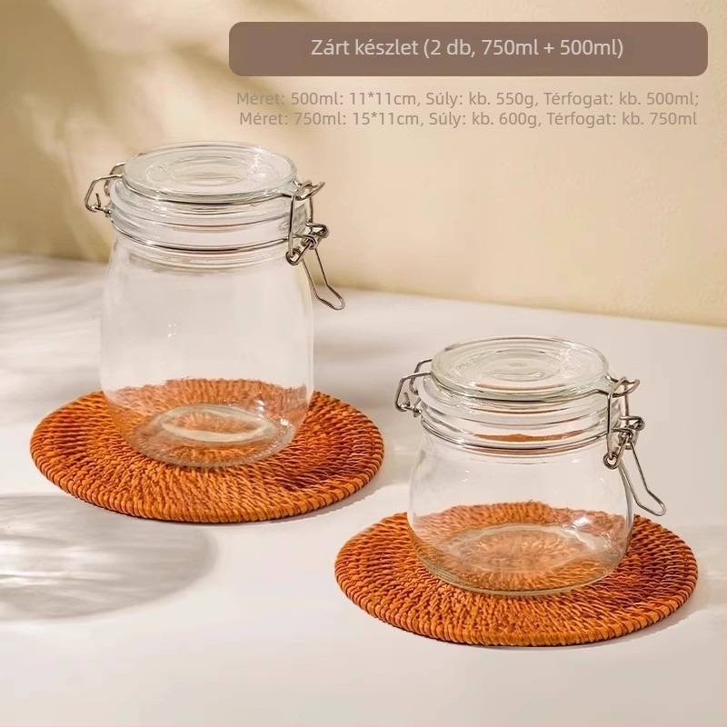 Üveg zárható pohár, kerek forma, 501-800 ml kapacitás, mikrohullámú sütőben használható, modern minimalista stílus