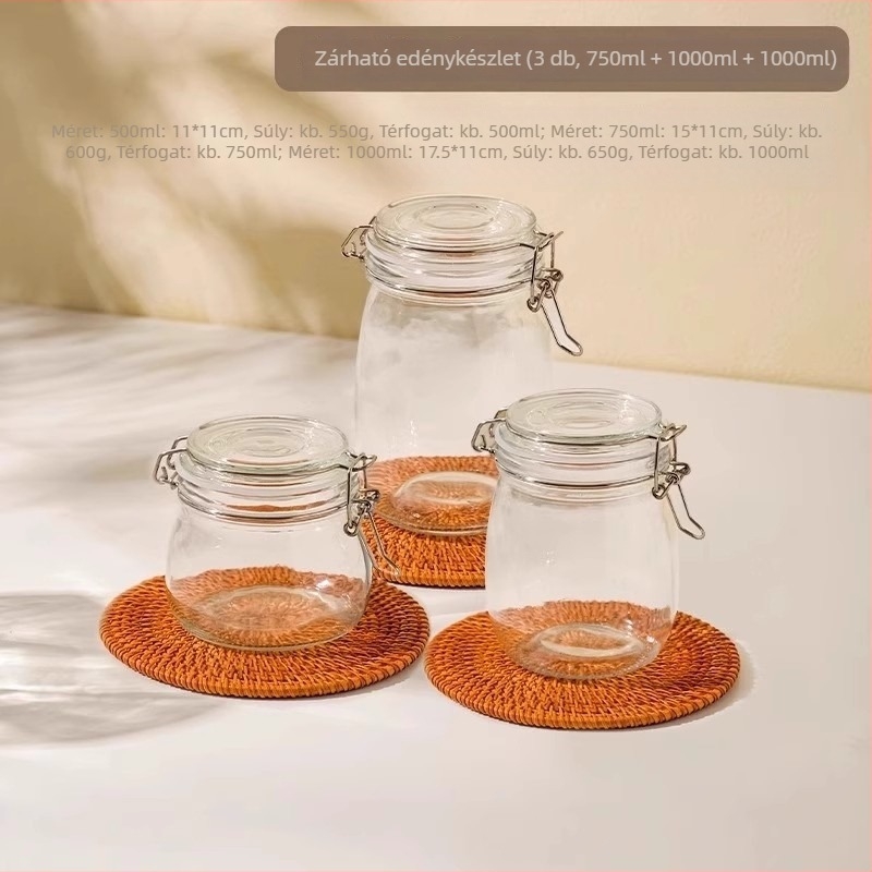 Üveg zárható pohár, kerek forma, 501-800 ml kapacitás, mikrohullámú sütőben használható, modern minimalista stílus
