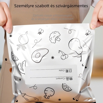 PET-kompozit alumínium laminálású élelmiszer-tároló tasakok, önzáró, vízálló, használatra hűtő- és fagyasztóban, zárási hossz 1,5 cm