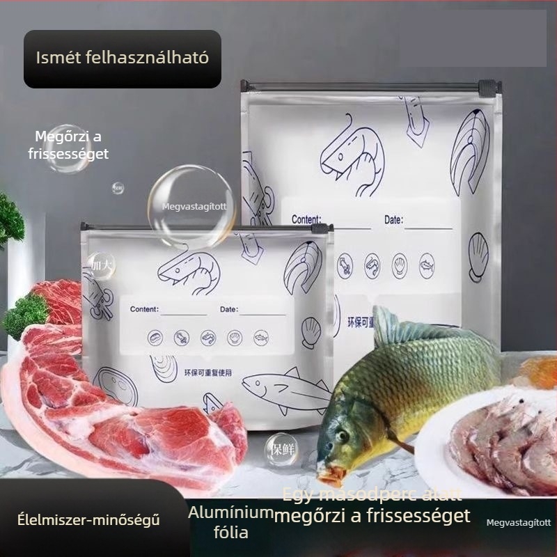 PET-kompozit alumínium laminálású élelmiszer-tároló tasakok, önzáró, vízálló, használatra hűtő- és fagyasztóban, zárási hossz 1,5 cm