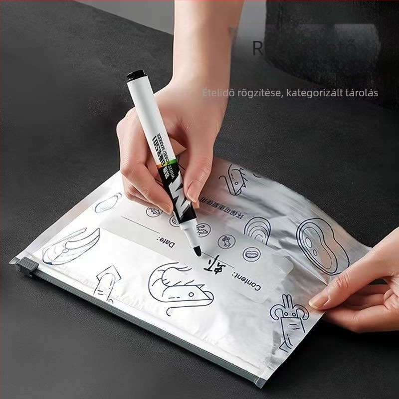 PET-kompozit alumínium laminálású élelmiszer-tároló tasakok, önzáró, vízálló, használatra hűtő- és fagyasztóban, zárási hossz 1,5 cm