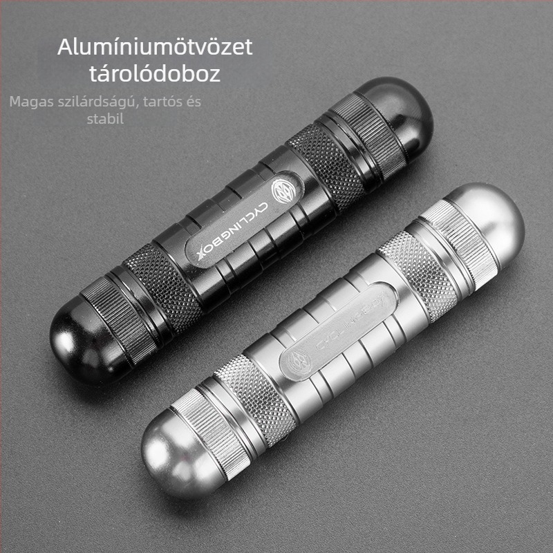 Kerékpár gumi javító készlet alumínium ötvözetből, beépített tárolóval, hordozható