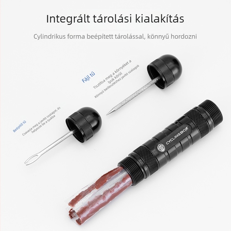 Kerékpár gumi javító készlet alumínium ötvözetből, beépített tárolóval, hordozható