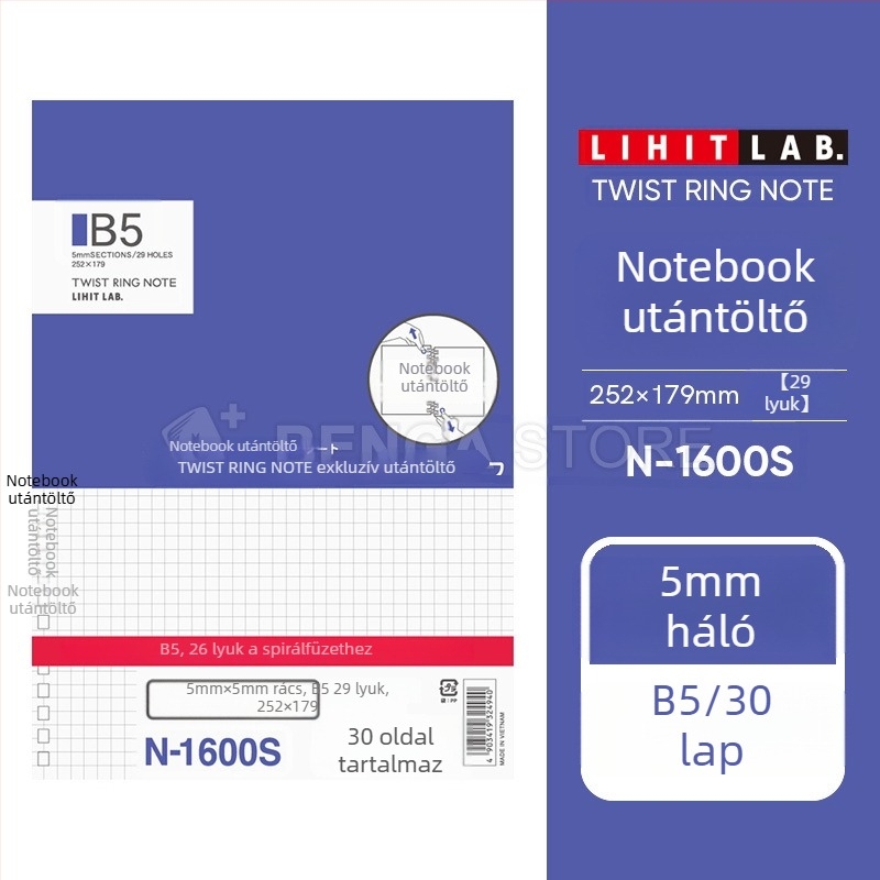 B5-ös kötetes noteszhez csereoldalak – 30 oldal, 40 g papír, nyersfa rostanyag