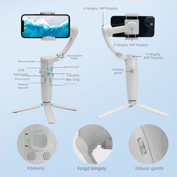 M1 okostelefon stabilizátor kézi gimbal, 3-tengelyes, remegés elleni, Bluetooth, távirányító, ABS