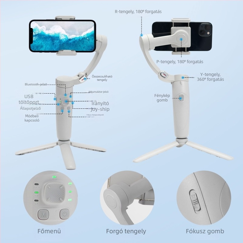 M1 okostelefon stabilizátor kézi gimbal, 3-tengelyes, remegés elleni, Bluetooth, távirányító, ABS