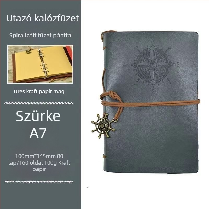Retro európai stílusú kalóz jegyzetfüzet laza lapokkal, műbőr borító, Kraft papír oldalak
